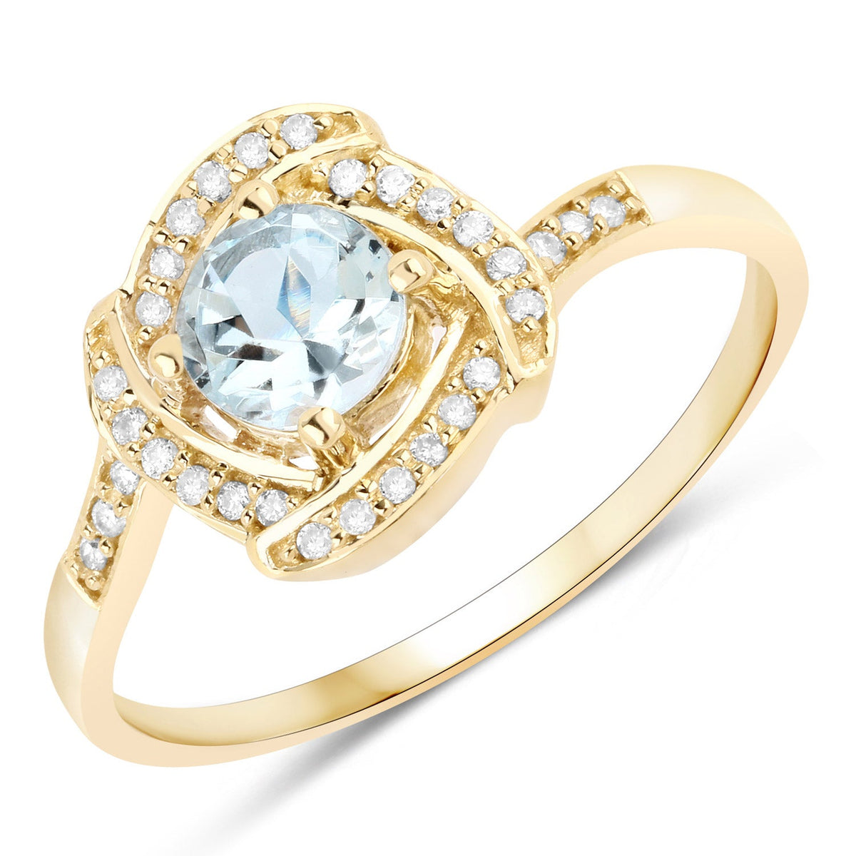 Anillo de oro amarillo de 14K con aguamarina auténtica de 0,46 quilates y diamantes blancos