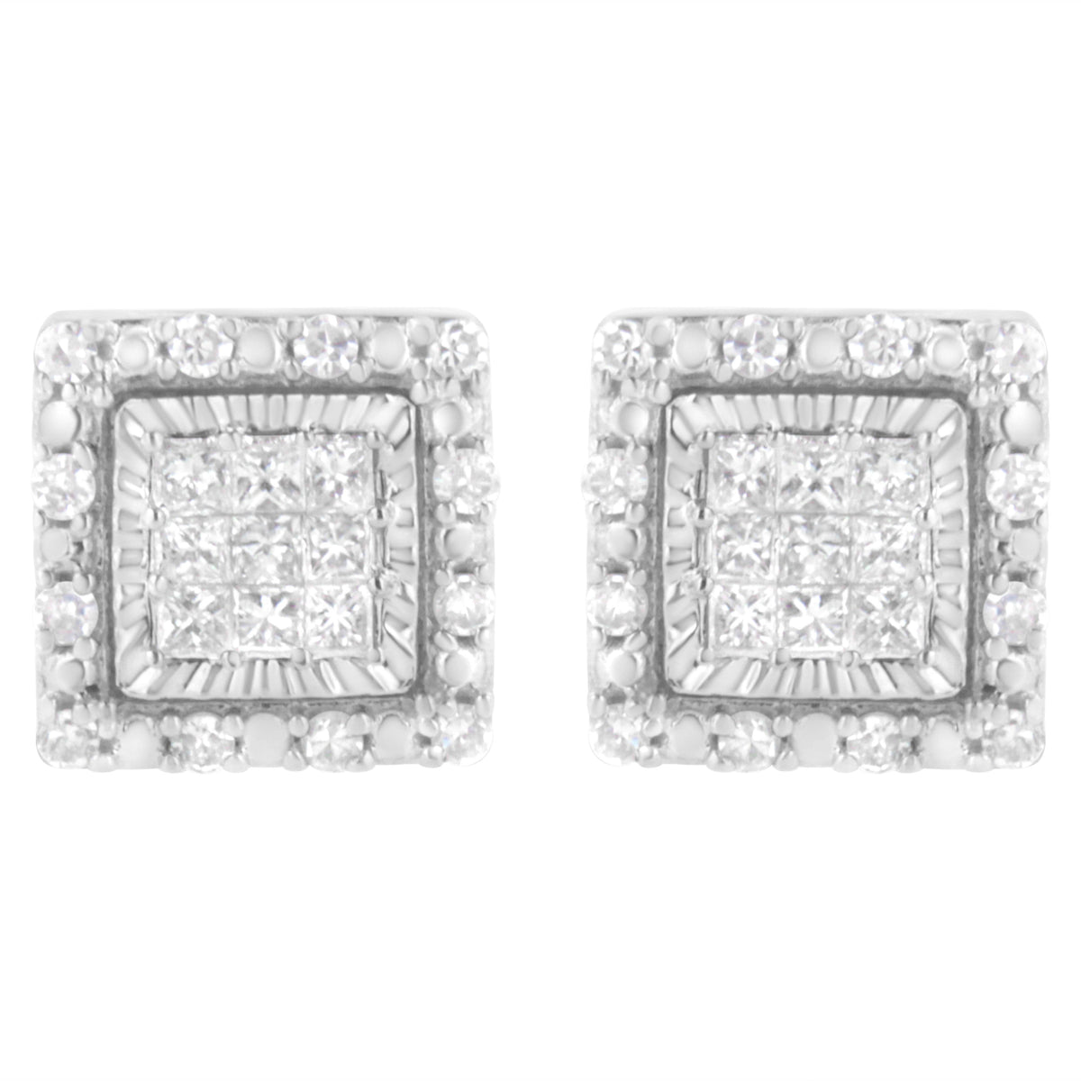 Pendiente de tuerca cuadrado de oro blanco de 10K con 1/2 quilate total invisible engastado de diamantes talla princesa (color I-J, claridad I1-I2)
