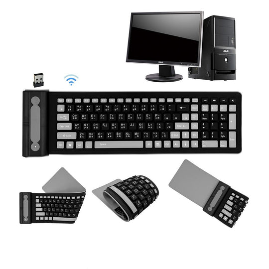 Wireless Keyboard - Soft Foldable Roll-up Silicone - Silent Typing / Waterproof (Black/Gray)