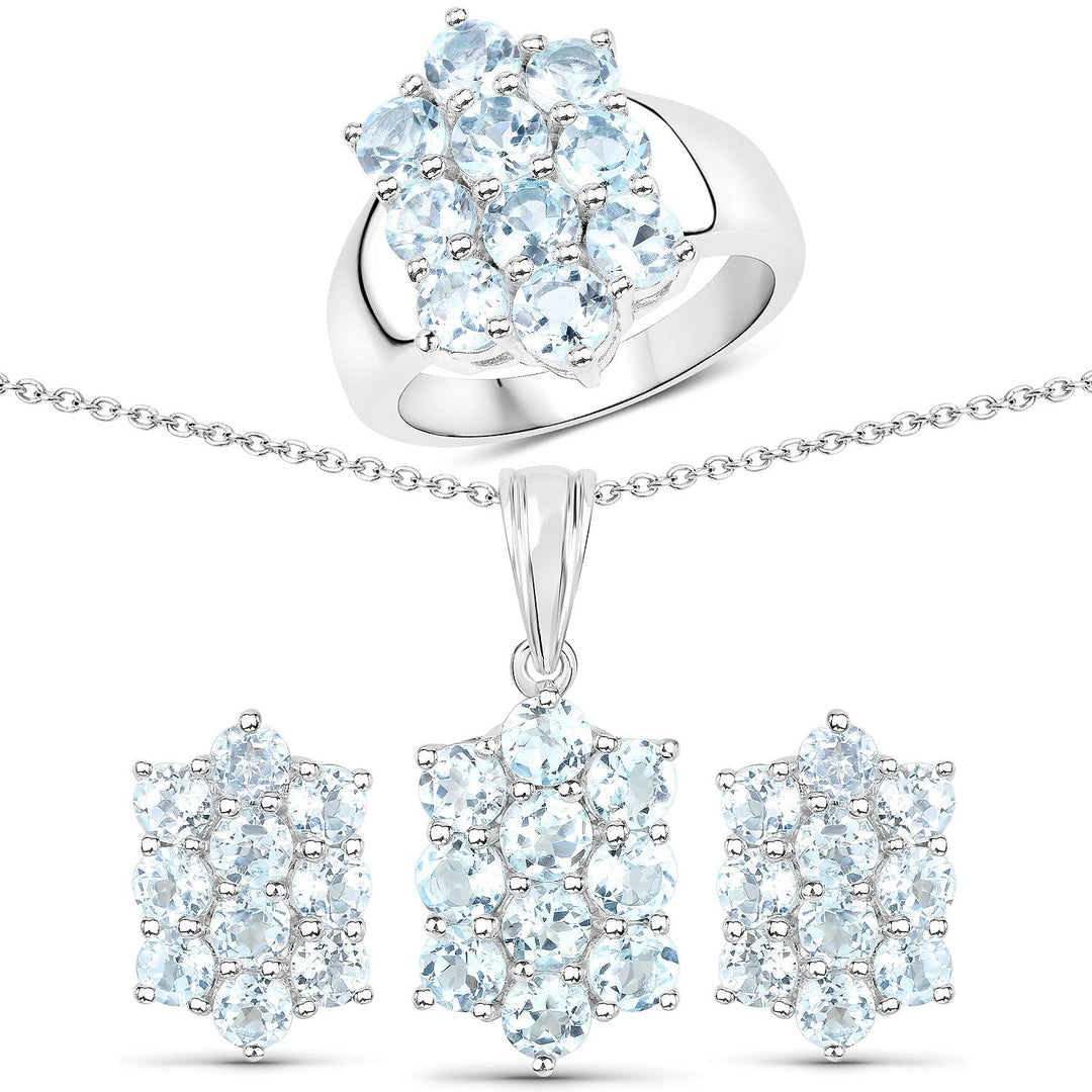 Conjunto de joyas de 3 piezas de plata de ley .925 con topacio azul genuino de 8.80 quilates (anillo, pendientes y colgante con cadena)