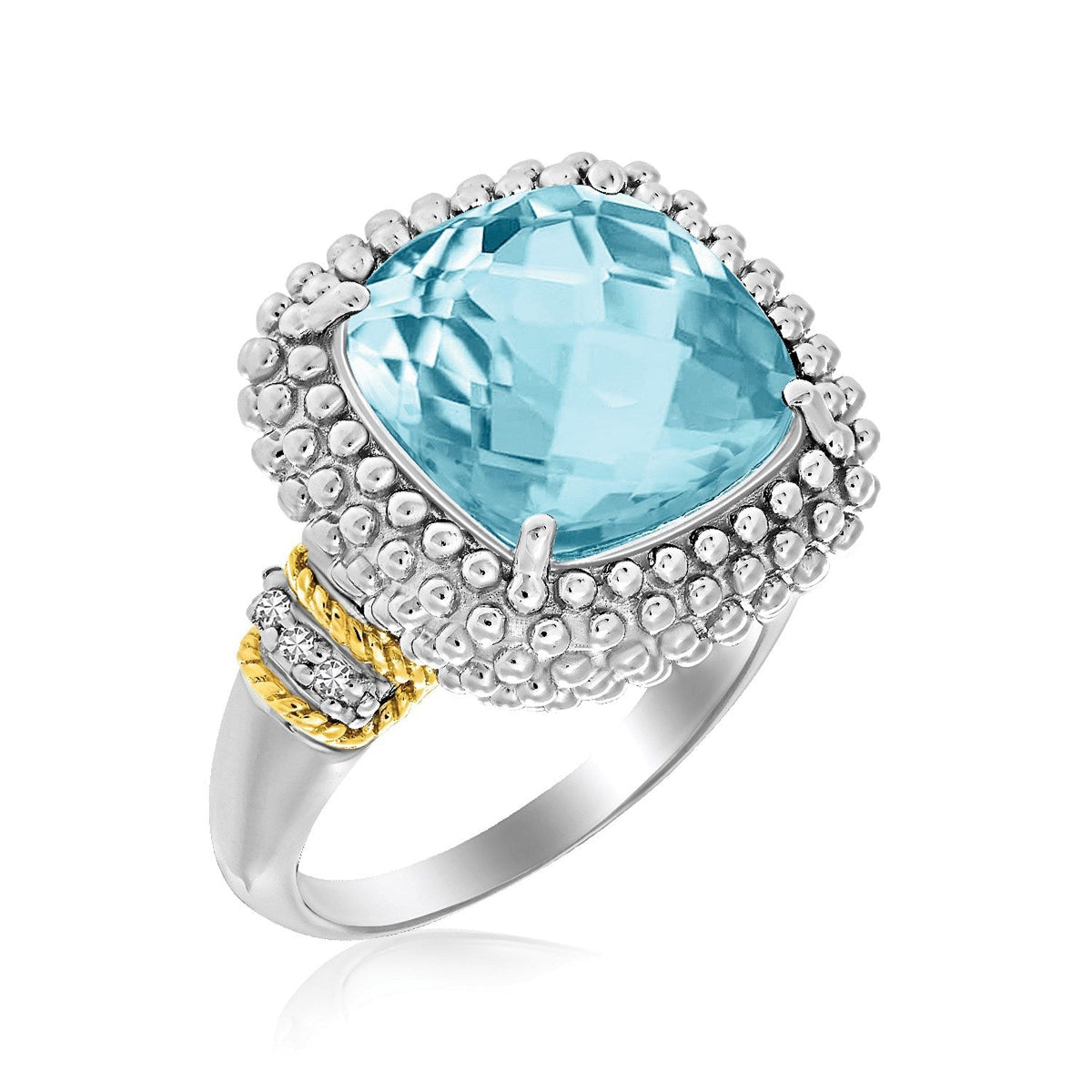 Anillo de palomitas de maíz de topacio azul cielo y diamantes en oro amarillo de 18k y plata de ley