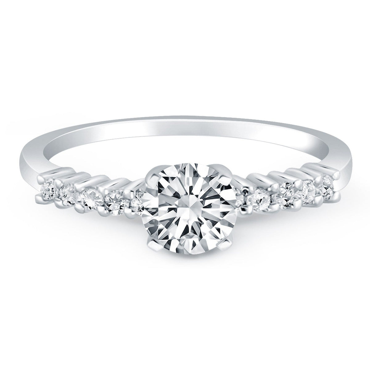 Anillo de compromiso de oro blanco de 14k con diamantes de acento de garra compartida