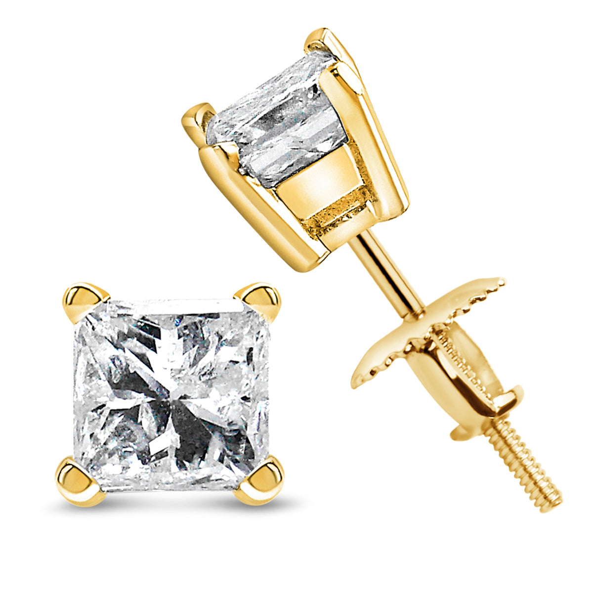 Pendientes de solitario con diamante de corte princesa de oro amarillo de 14K y 1/2 quilate con cierres de rosca (color I-J, claridad SI2-I1)