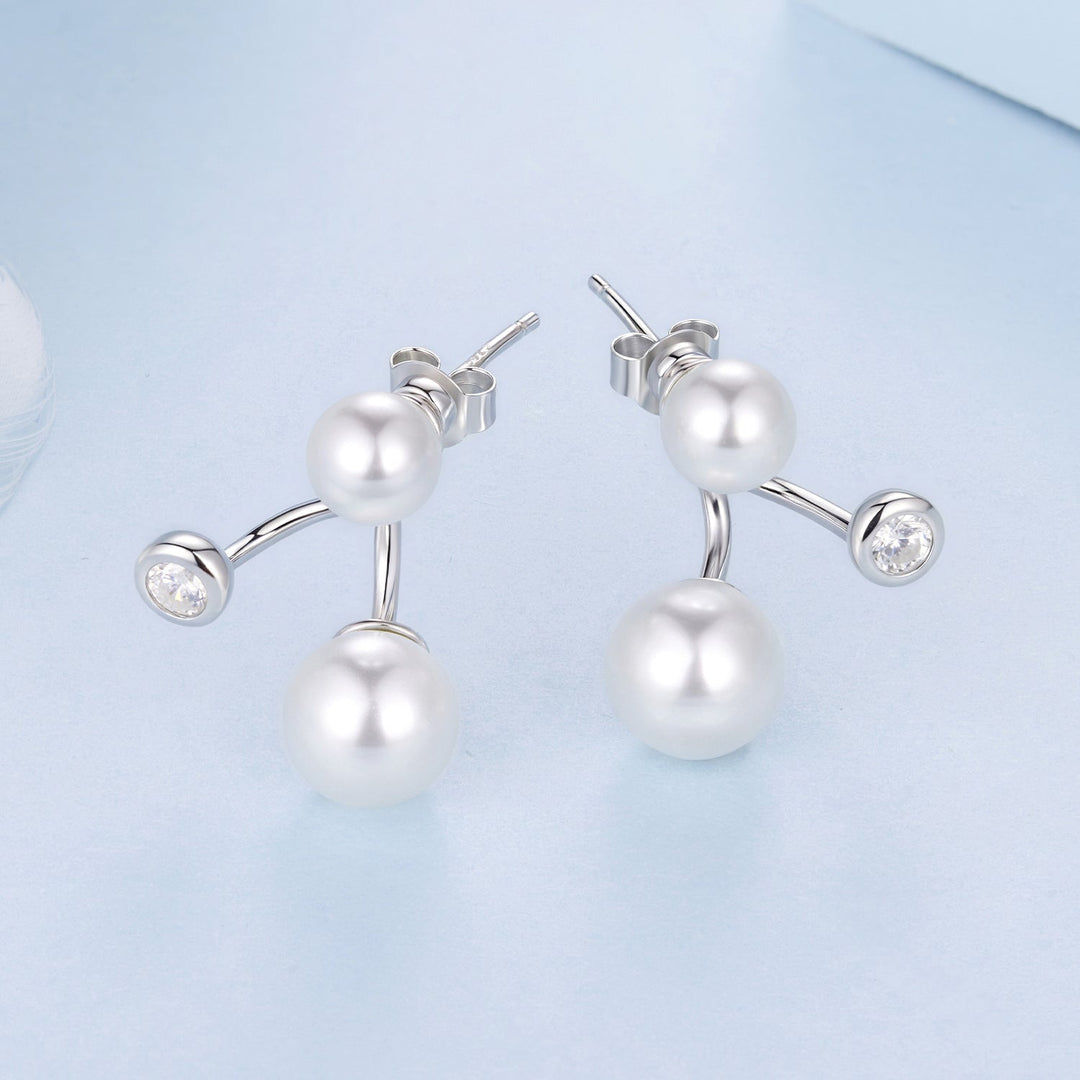 925 Sterling Silver Earrings with CZ and Synthetic Pearl, 1.7cm, White Gold Plated for Women