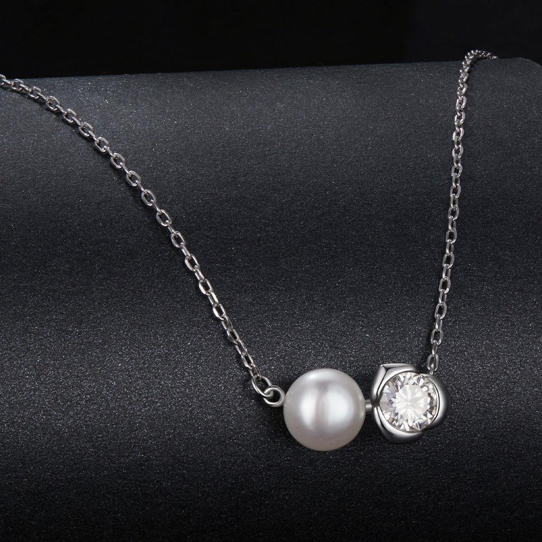 925 Sterling Silver Moissanite & Freshwater Pearl White Gold Necklace 45cm for Women