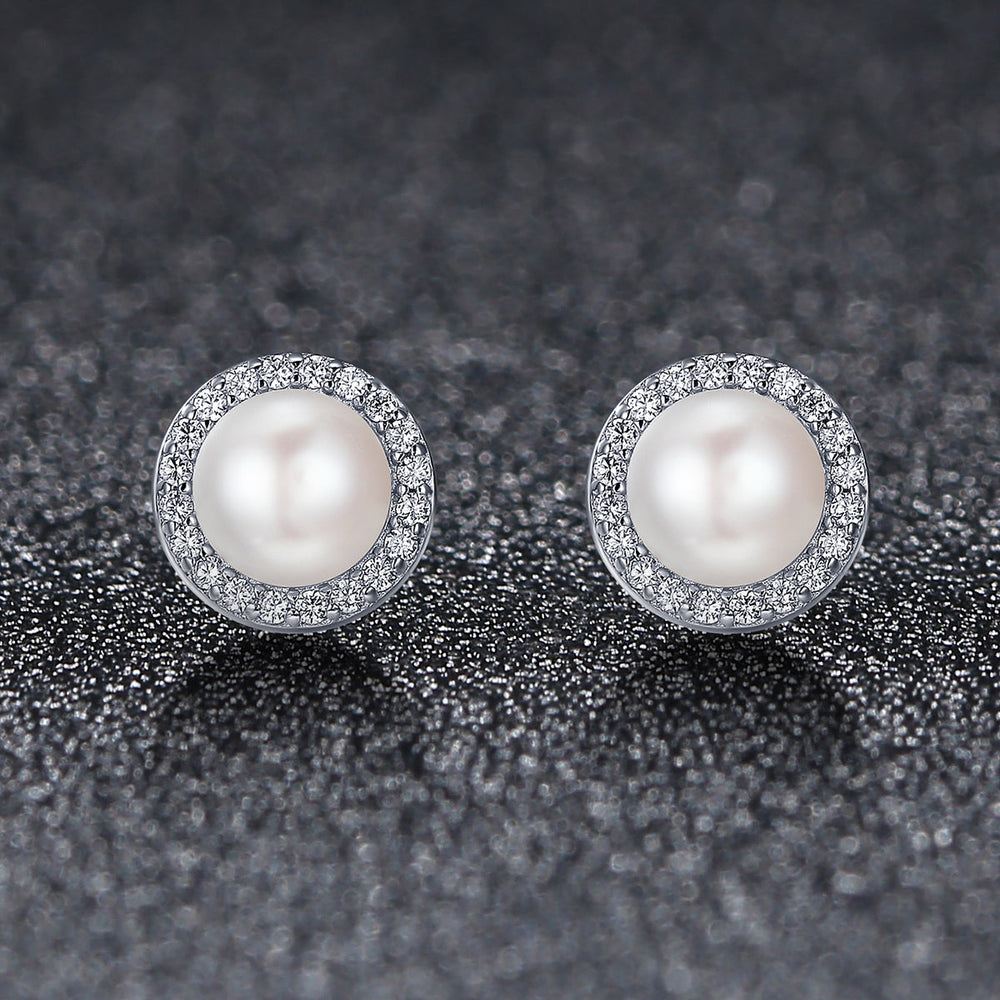 925 Sterling Silver Freshwater Pearl Earrings with CZ for Women