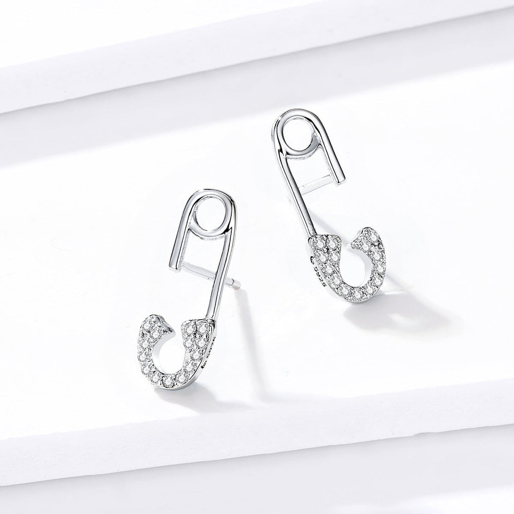925 Sterling Silver Earrings for Women - 1.7x0.6cm, Platinum Plated with Pavé Setting CZ