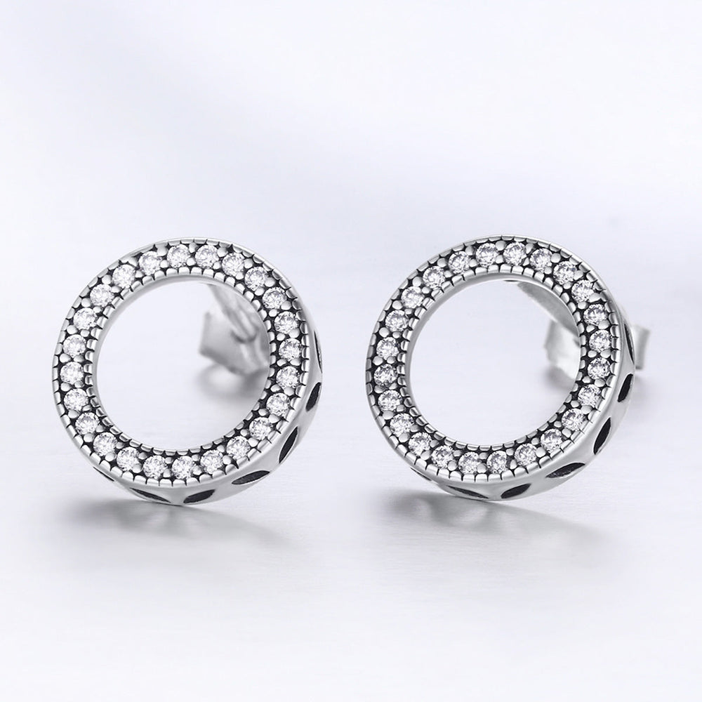 925 Sterling Silver Oxidized Pavé Setting CZ Earrings 1.1cm for Women