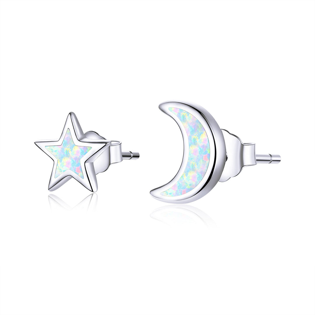 925 Sterling Silver Opal Earrings for Women - Star & Moon Design