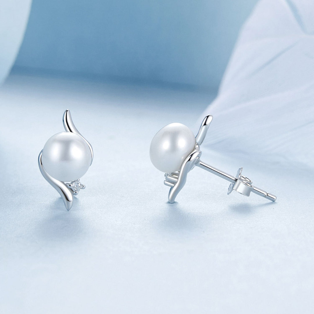 925 Sterling Silver Natural Pearl & CZ Earrings Plated in Platinum