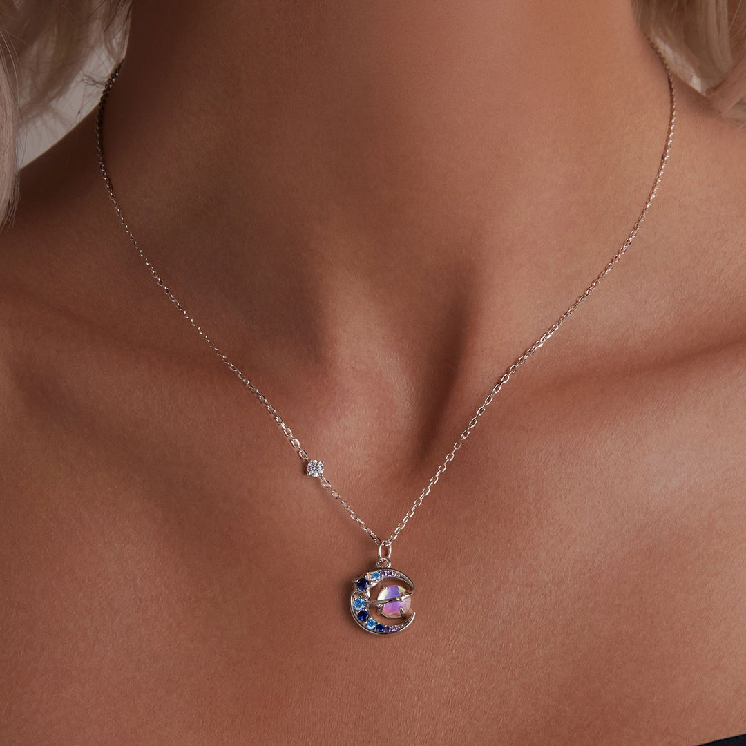 925 Sterling Silver Necklace with Pavé CZ & Transparent Glass Pendant for Women
