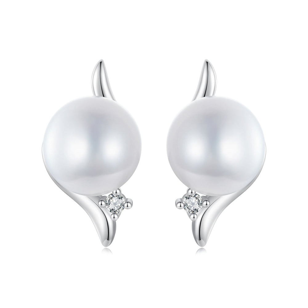 925 Sterling Silver Natural Pearl & CZ Earrings Plated in Platinum