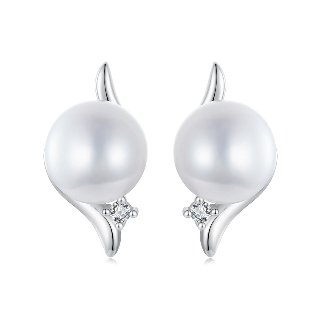 925 Sterling Silver Natural Pearl & CZ Earrings Plated in Platinum