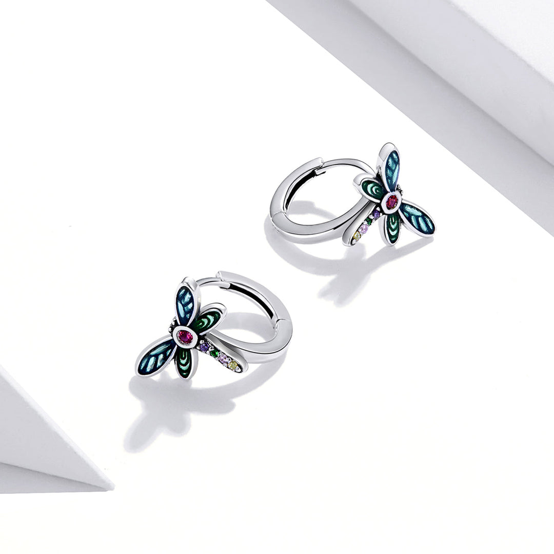 925 Sterling Silver Dragonfly Earrings with CZ and Enamel - 0.9 cm for Women