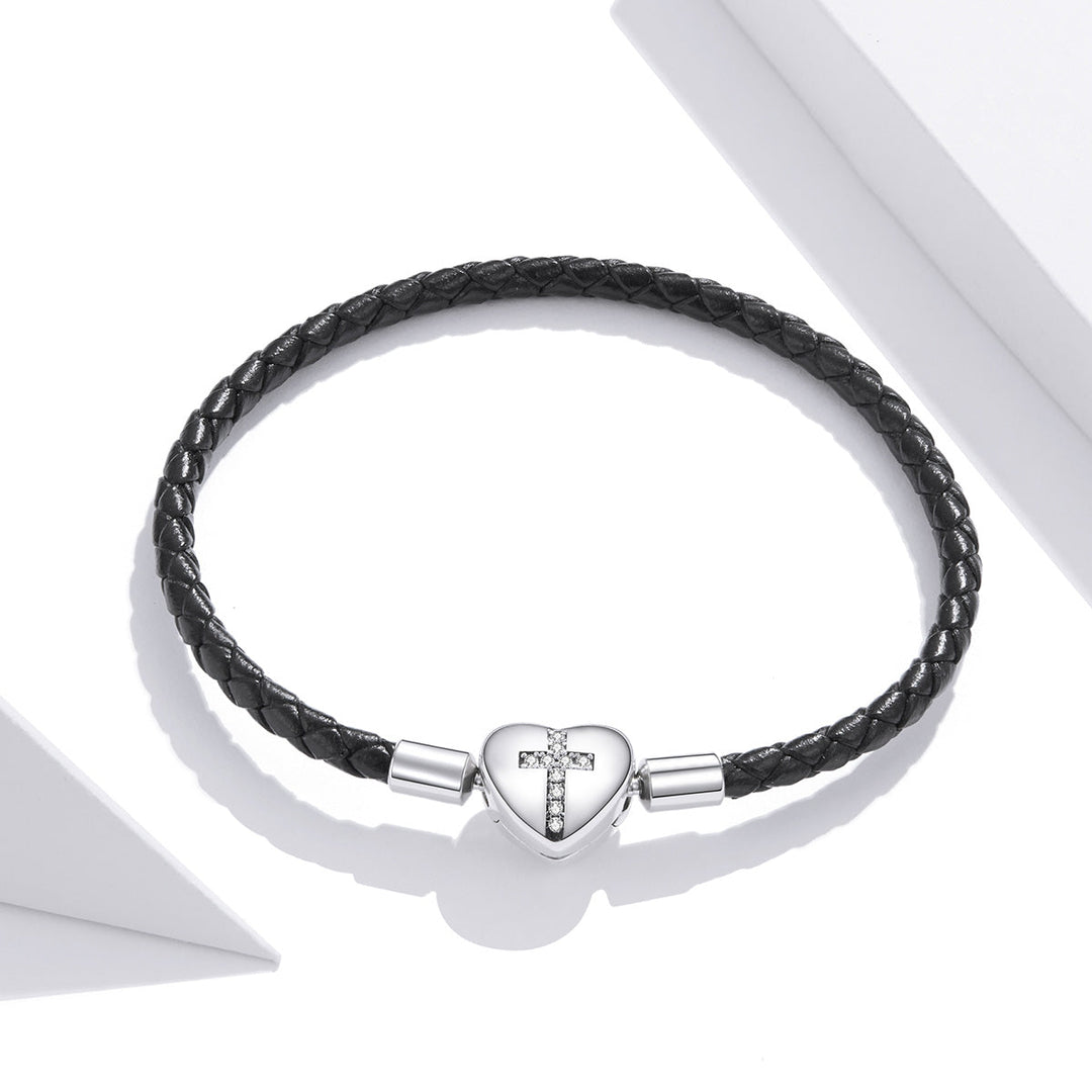 925 Sterling Silver Leather 17cm Bracelet with Oxidized CZ for Women