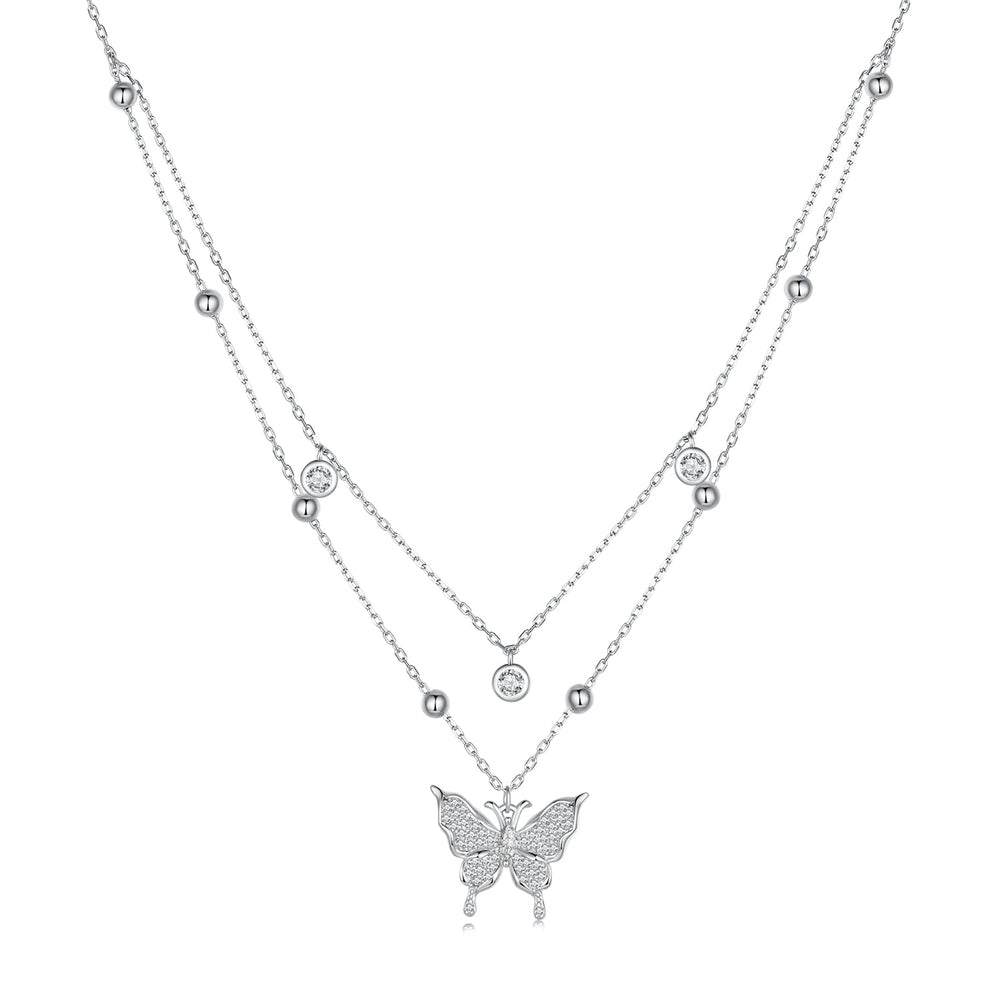 925 Sterling Silver Butterfly Necklace with Pavé Setting CZ, 40cm Length for Women