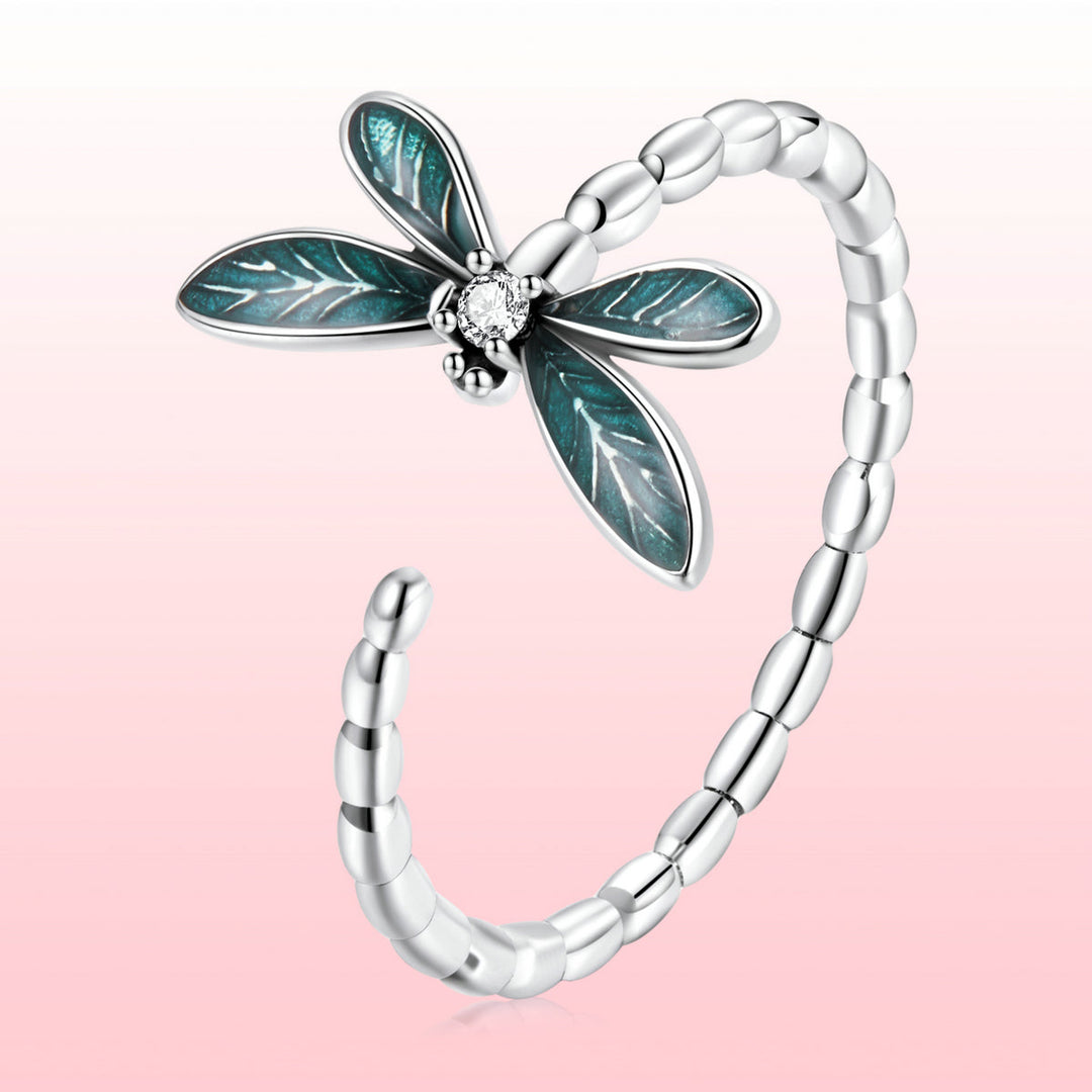 925 Sterling Silver Dragonfly Ring with Enamel & CZ for Women