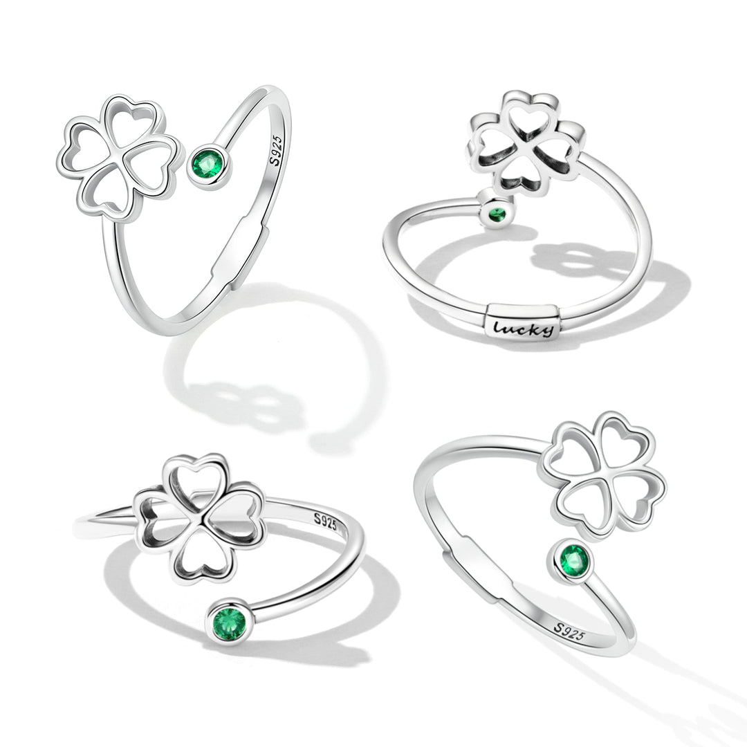 925 Sterling Silver Four-Leaf Clover Ring with Pavé CZ - 0.15cm Width