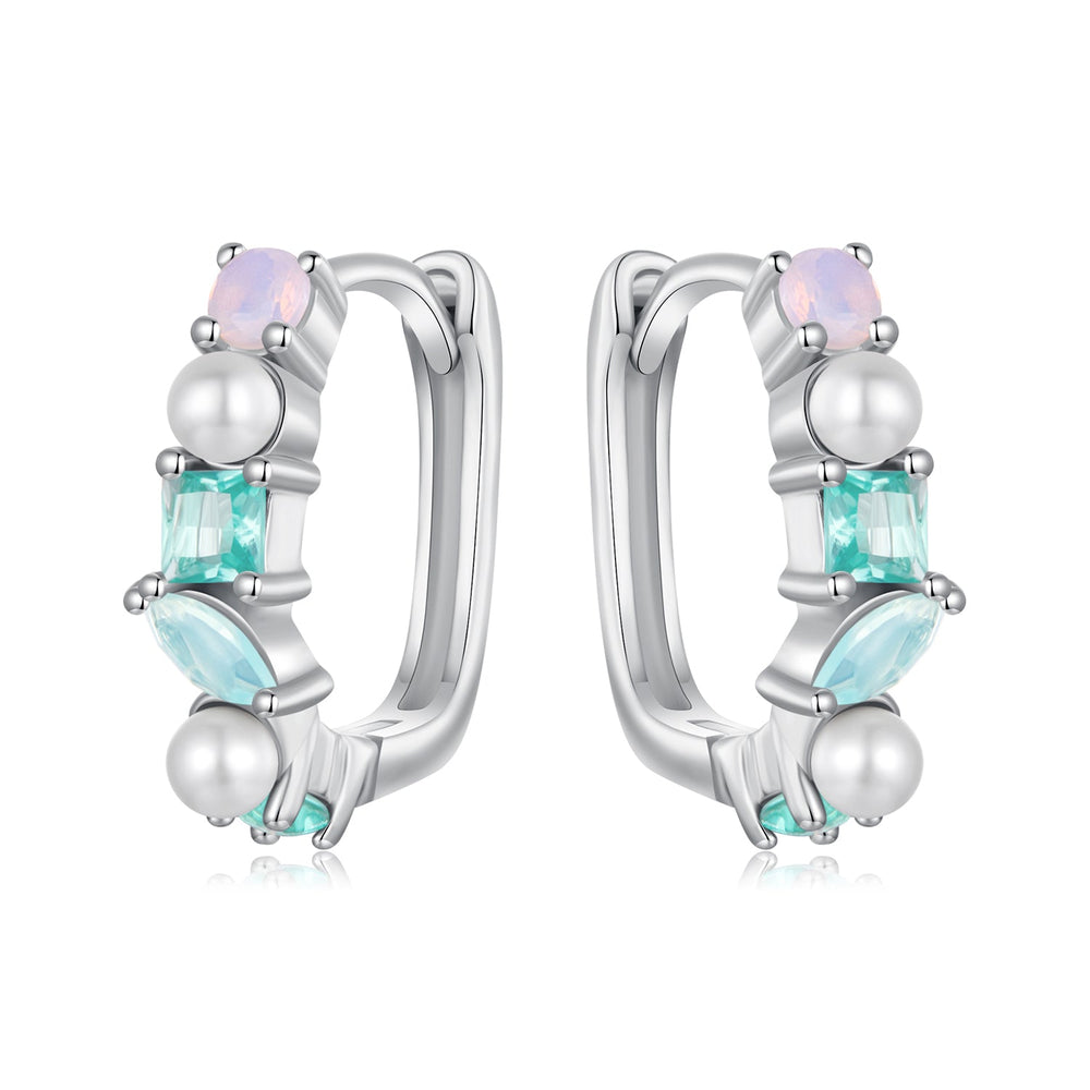 925 Sterling Silver Earrings with Nano Opal, Shell Pearl and Glass, 1.4cm for Women