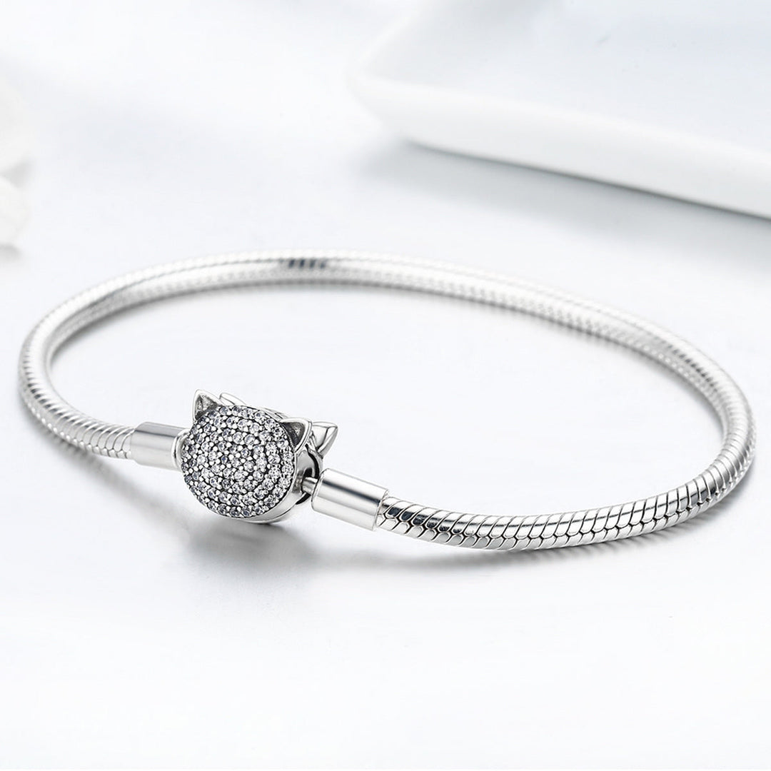 925 Sterling Silver Bracelet with Cat Head Charm, 17cm for Women