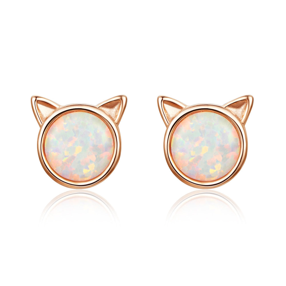 925 Sterling Silver Plated Rose Gold Opal Earrings 0.8cm for Women