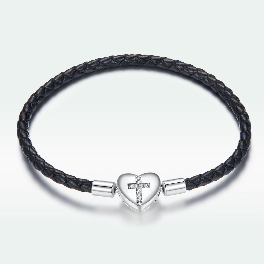 925 Sterling Silver Leather 17cm Bracelet with Oxidized CZ for Women