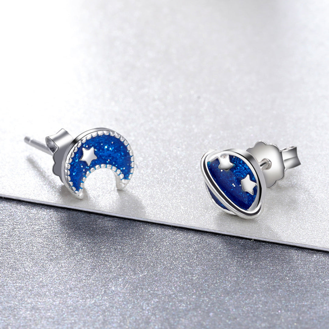 925 Sterling Silver Earrings for Women - Enamel Moon and Sun Design, 0.7x0.6cm, 0.6x0.8cm