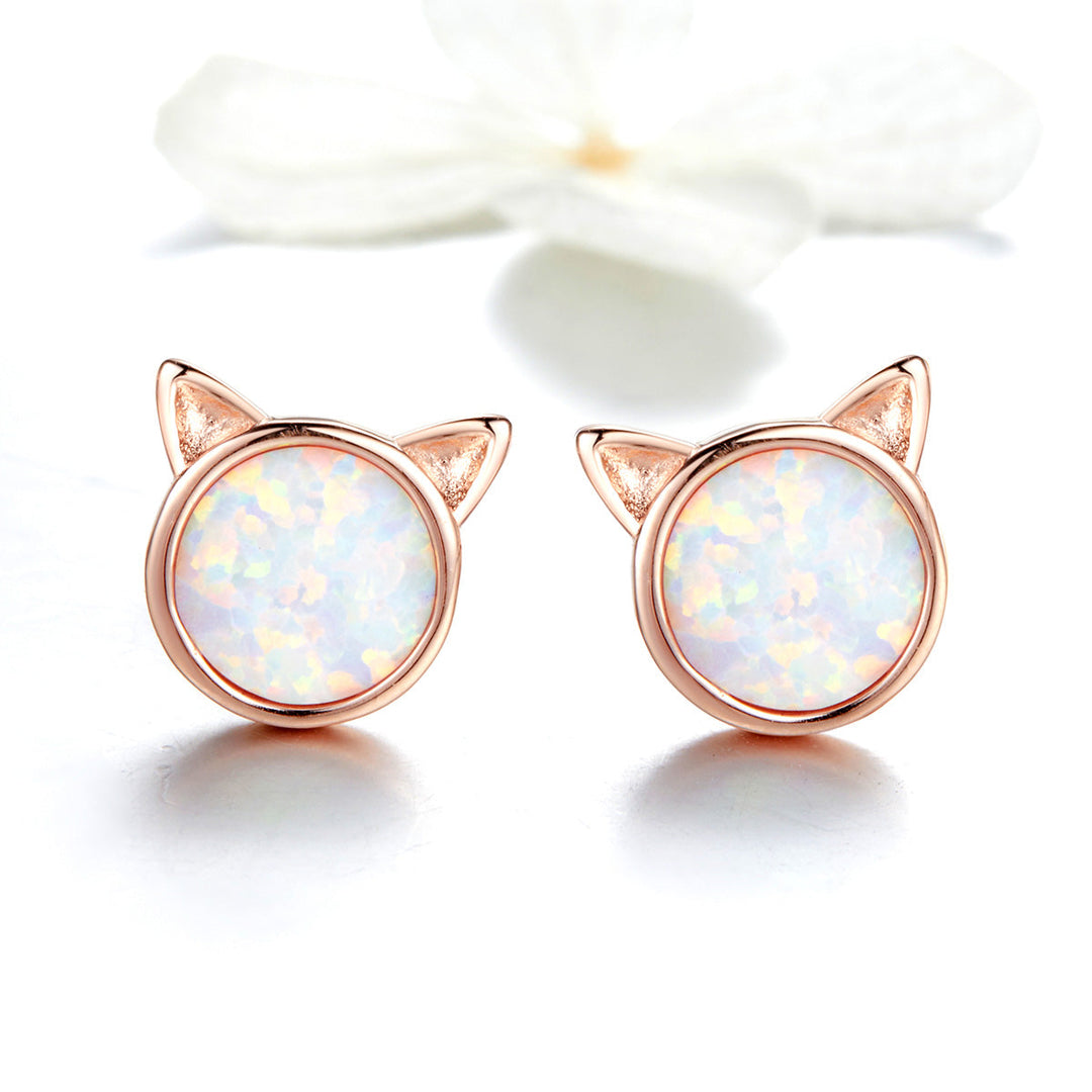 925 Sterling Silver Plated Rose Gold Opal Earrings 0.8cm for Women