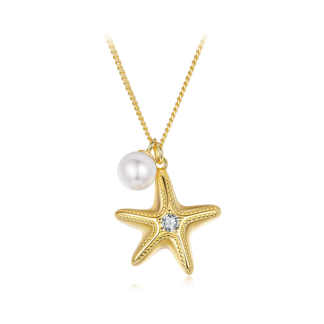 925 Sterling Silver Necklace with Gold Plating, 40+5cm, Featuring Synthetic Pearl & CZ for Women