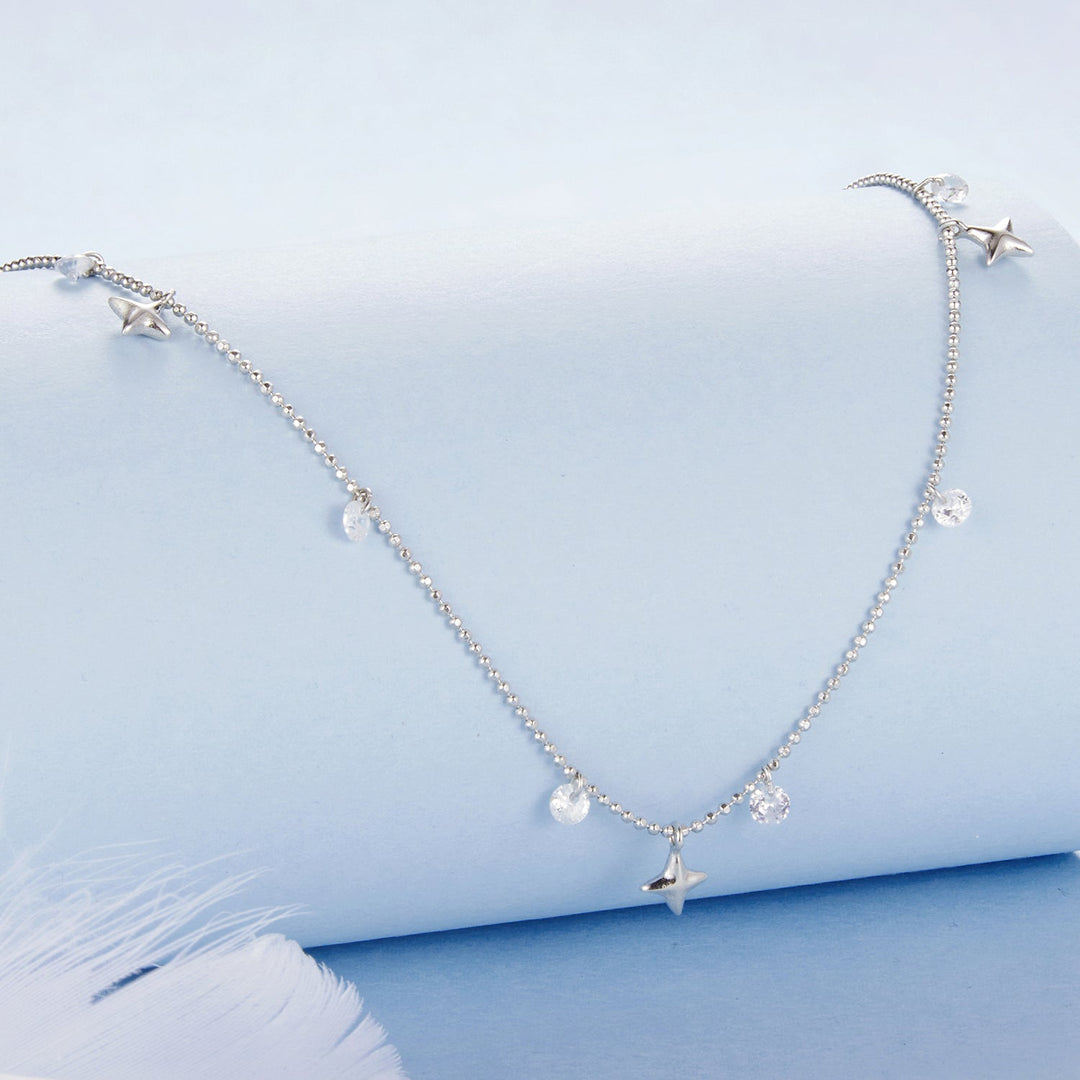 925 Sterling Silver Plated White Gold Pendant Necklace with CZ Charm for Women 38+6cm