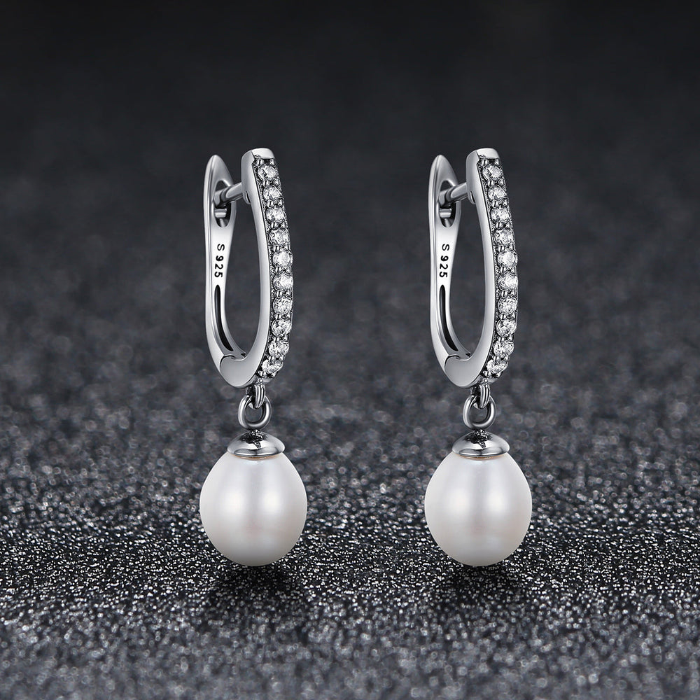 925 Sterling Silver Freshwater Pearl Earrings with Pavé Setting CZ for Women