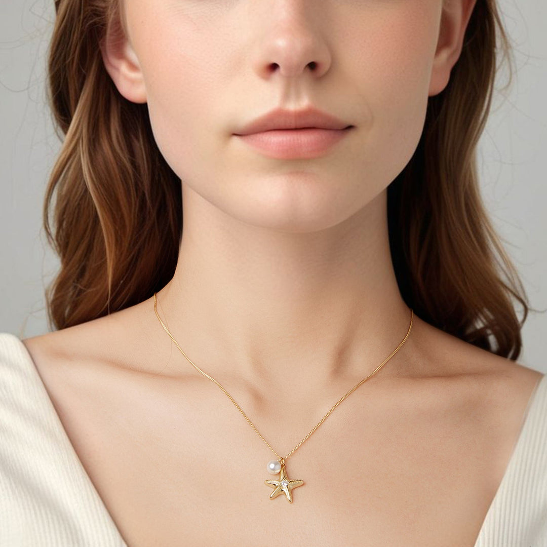 925 Sterling Silver Necklace with Gold Plating, 40+5cm, Featuring Synthetic Pearl & CZ for Women