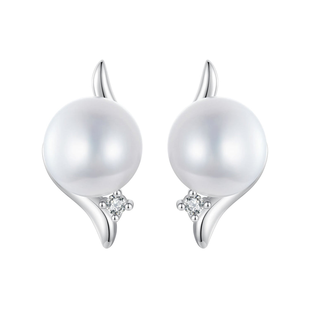 925 Sterling Silver Natural Pearl & CZ Earrings Plated in Platinum