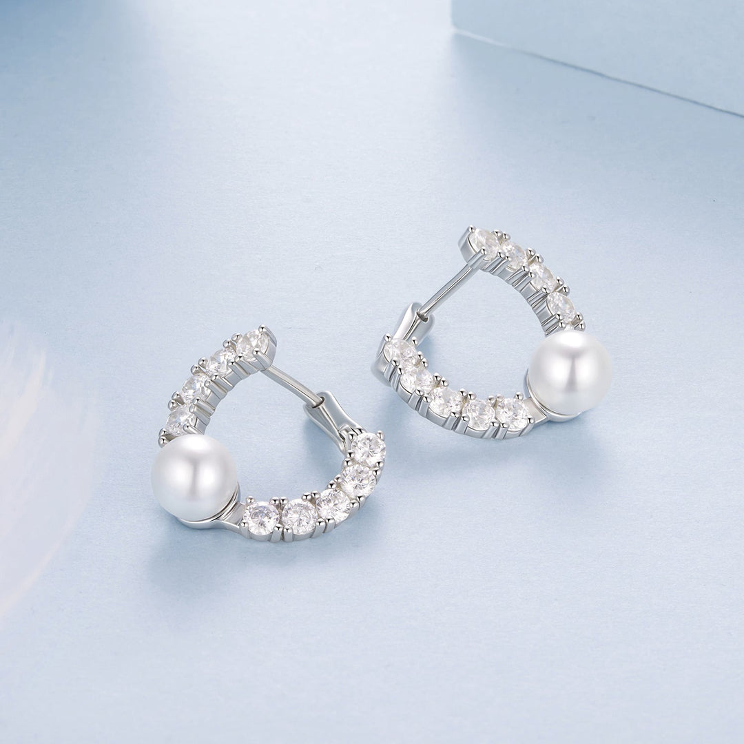 925 Sterling Silver White Gold Plated 1.6cm Hoop Earrings with Synthetic Pearl for Women