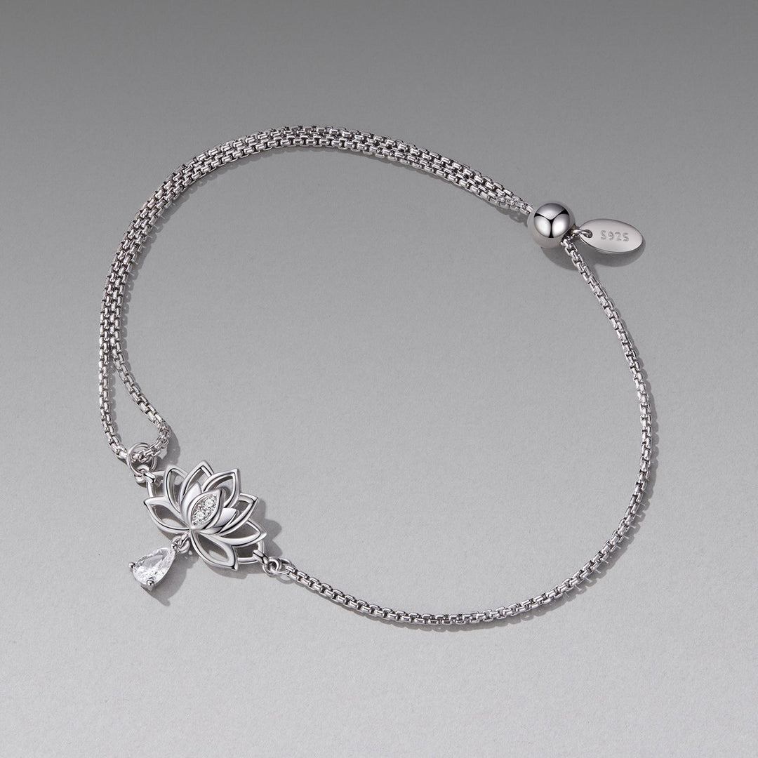 925 Sterling Silver Adjustable Chain Bracelet with White Gold Plating and CZ for Women