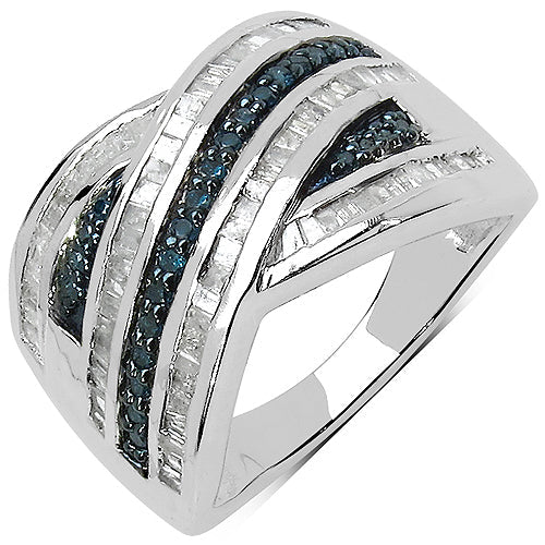 Anillo de plata de ley .925 con diamante azul genuino de 1.02 quilates y diamante blanco