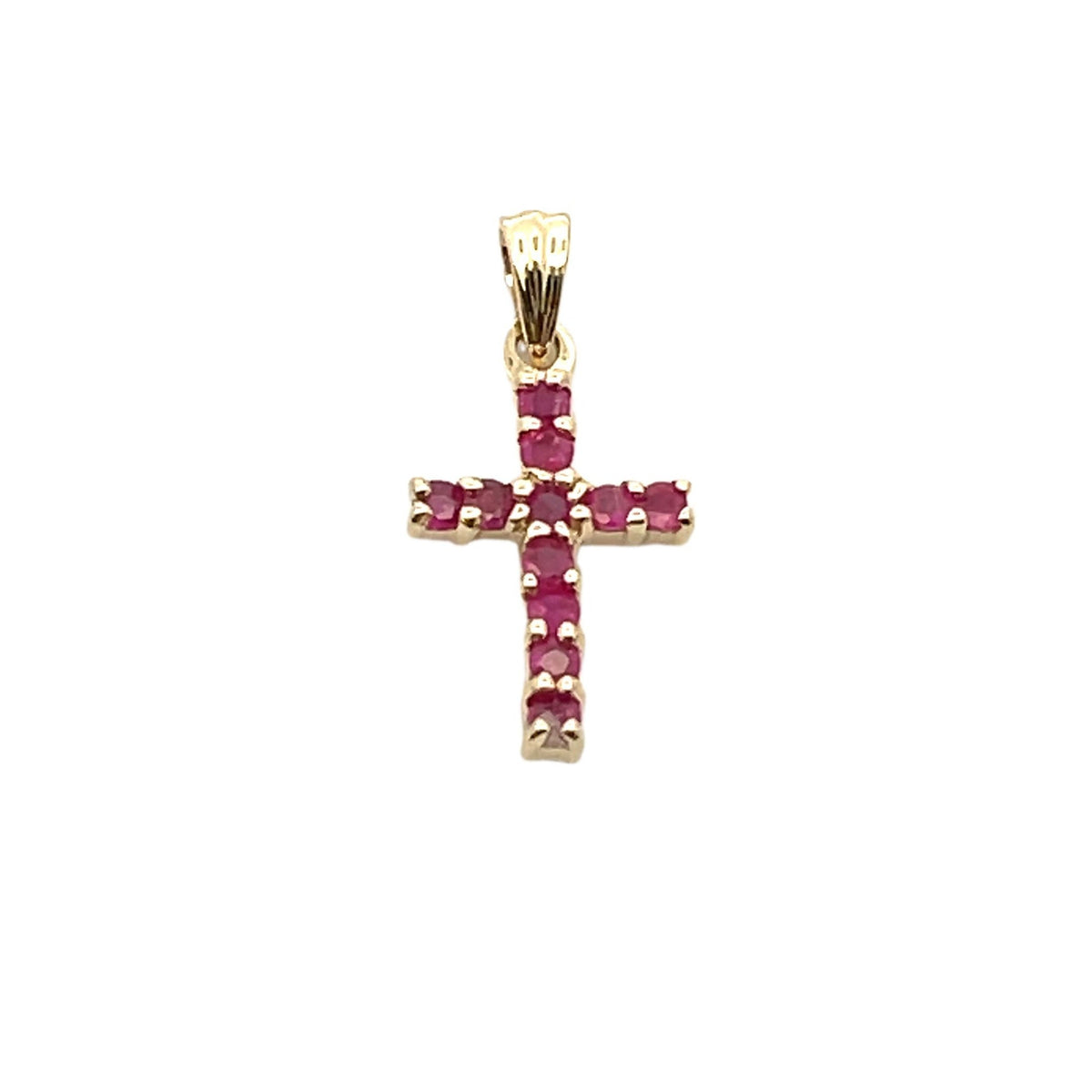 Colgante religioso de cruz con rubí de 0,21 ct en oro amarillo de 10 kt