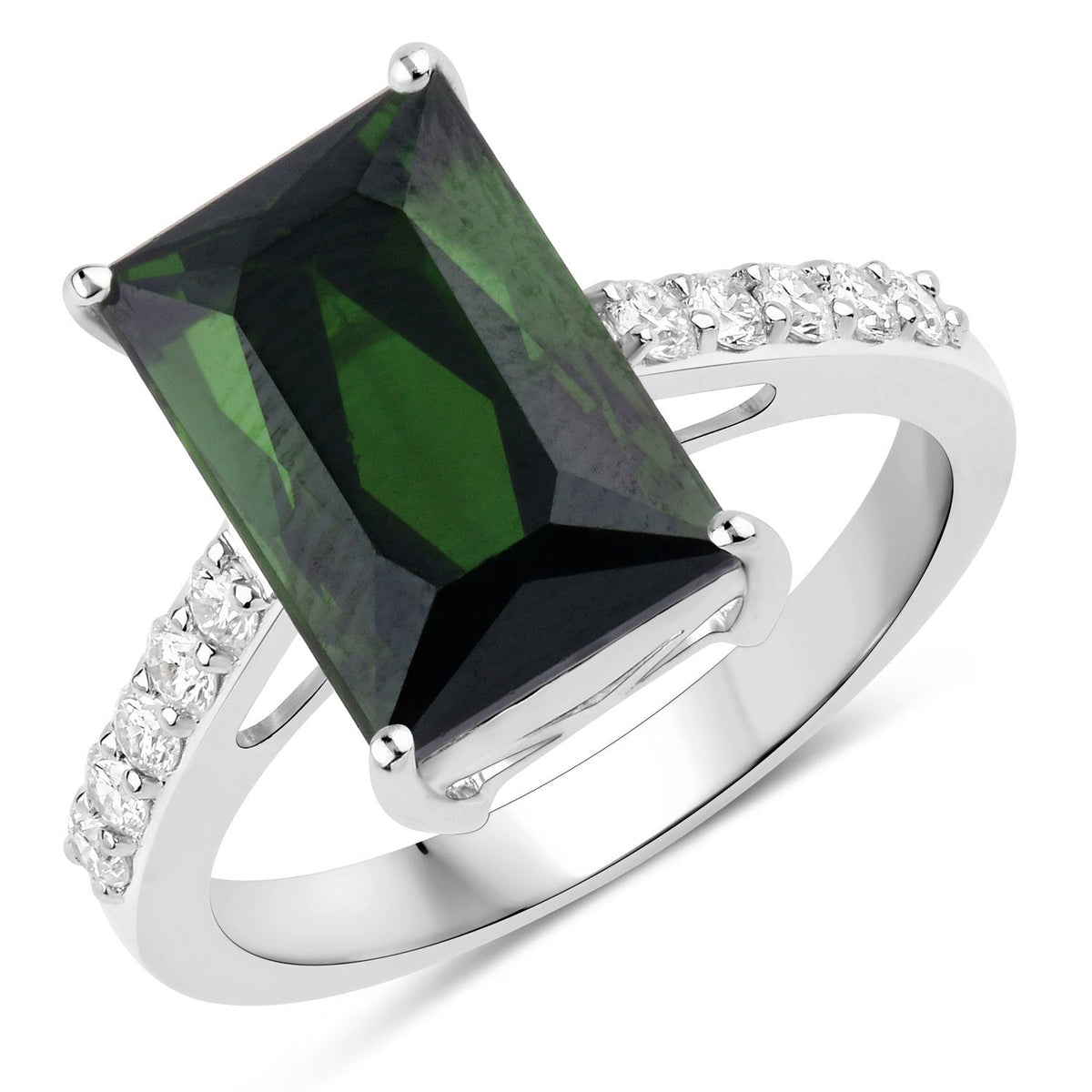 Anillo de oro blanco de 14K con turmalina verde genuina de 6,16 quilates y diamantes blancos