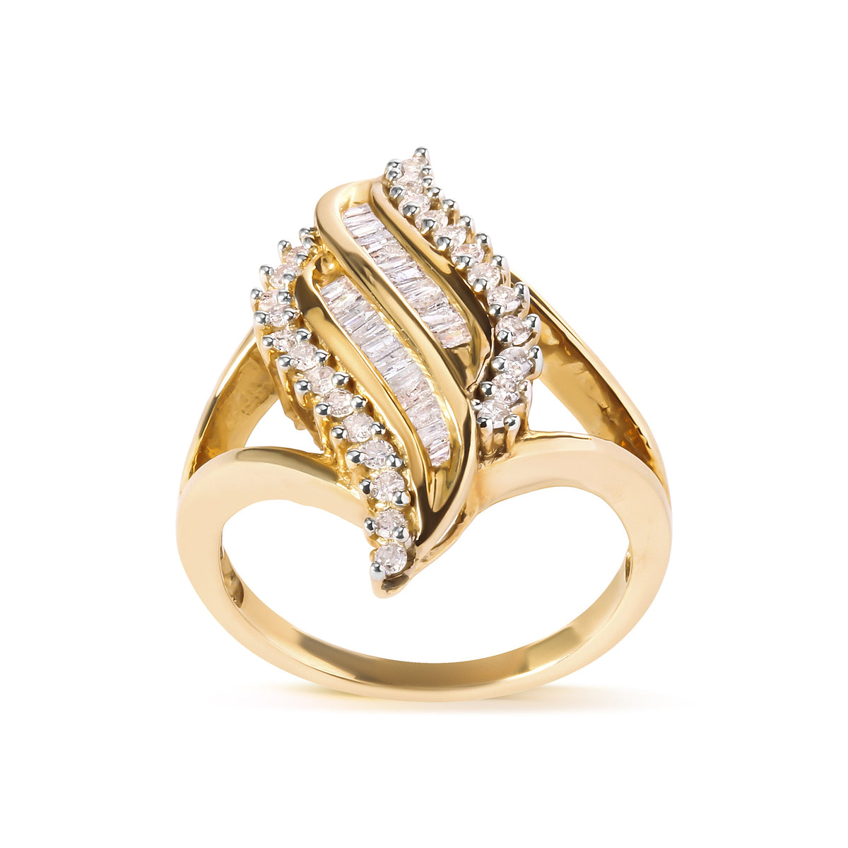 Anillo de cóctel de oro amarillo de 10K con diamantes de talla redonda y baguette de 1/2 quilate (color H-I, claridad I1-I2)