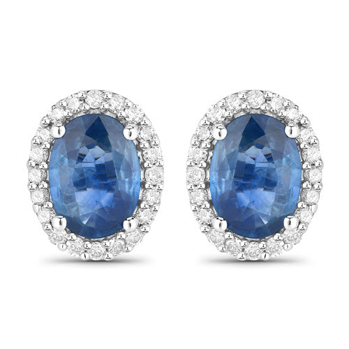 Pendientes de oro blanco de 14 quilates con zafiro azul auténtico de 2,16 quilates y diamantes blancos