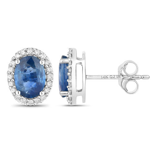 Pendientes de oro blanco de 14 quilates con zafiro azul auténtico de 2,16 quilates y diamantes blancos