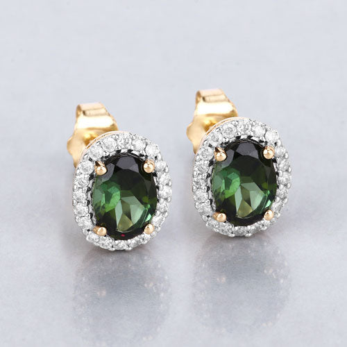 Aretes de oro amarillo de 14 quilates con turmalina verde auténtica de 1,92 quilates y diamantes blancos