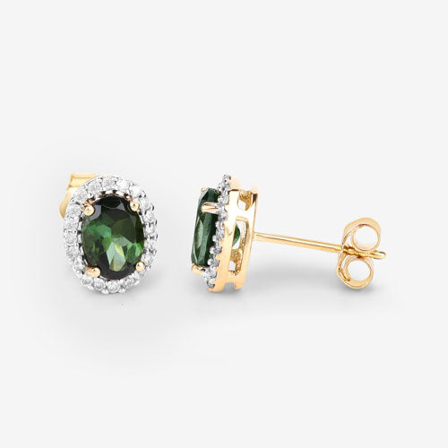 Aretes de oro amarillo de 14 quilates con turmalina verde auténtica de 1,92 quilates y diamantes blancos