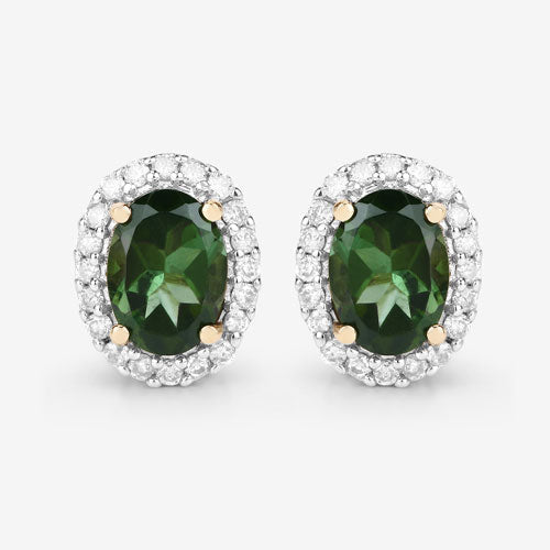 Aretes de oro amarillo de 14 quilates con turmalina verde auténtica de 1,92 quilates y diamantes blancos