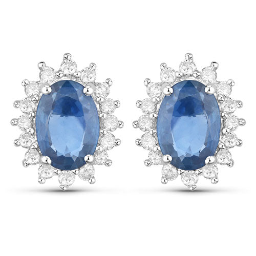 Pendientes de Oro Blanco de 14K con Zafiros Azules Genuinos de 2,22 Quilates y Diamantes Blancos