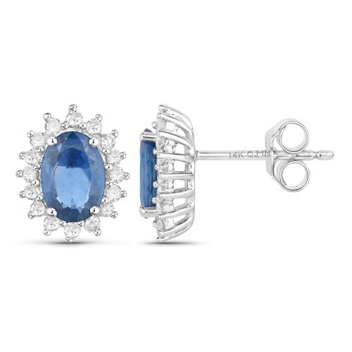 Pendientes de Oro Blanco de 14K con Zafiros Azules Genuinos de 2,22 Quilates y Diamantes Blancos