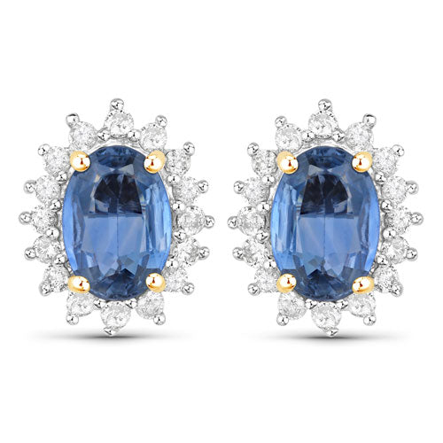 2.22 Carat Genuine Blue Sapphire and White Diamond 14K Yellow Gold Earrings