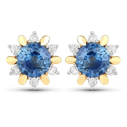 Pendientes de oro amarillo de 14 quilates con zafiro azul genuino de 1,87 quilates y diamantes blancos
