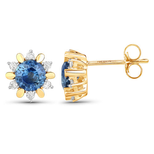 Pendientes de oro amarillo de 14 quilates con zafiro azul genuino de 1,87 quilates y diamantes blancos