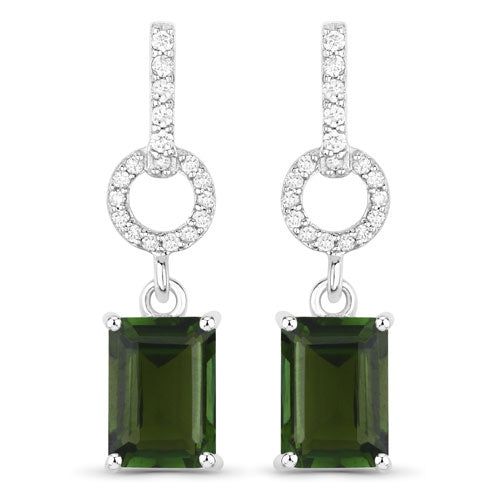 Pendientes de Oro Blanco de 14K con Turmalina Verde Genuina de 2.28 Quilates y Diamantes Blancos